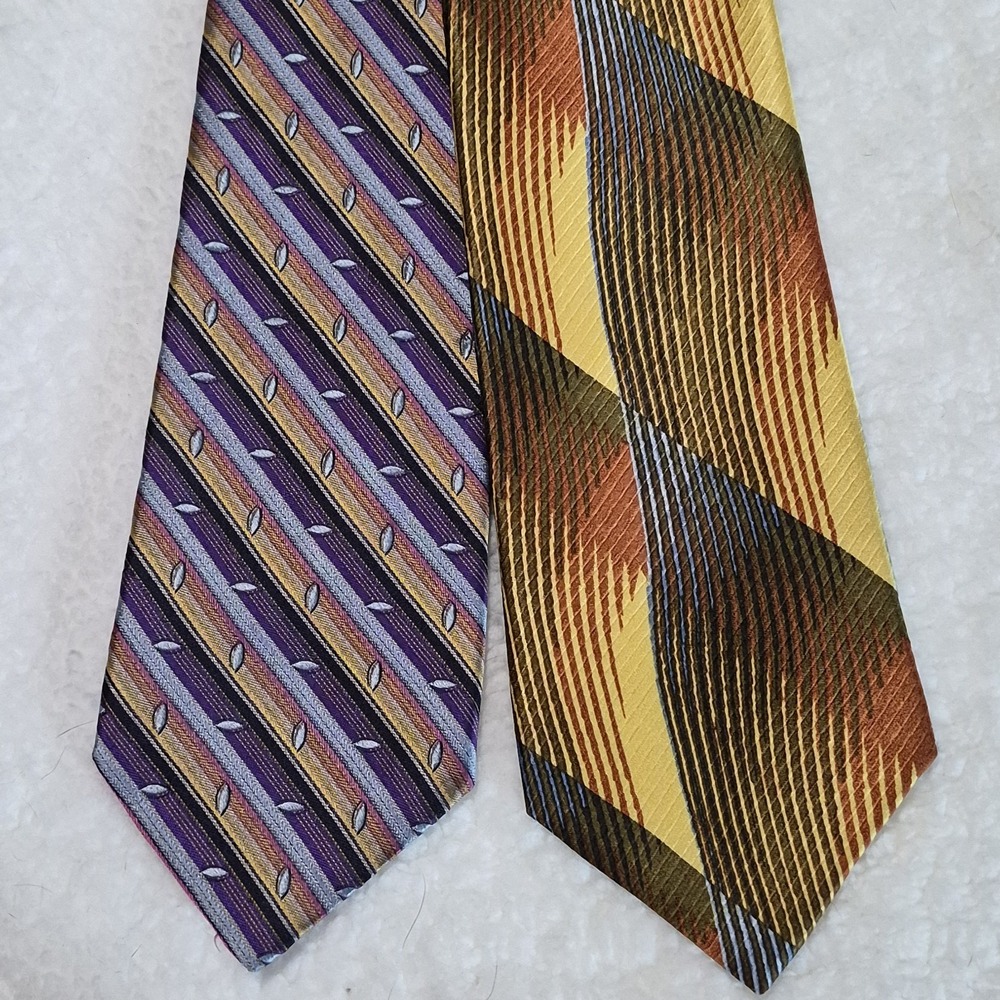Jhane Barnes Silk Tie Designer Stripes Gold Brown Blue Purple Lot Of 2 Workwear